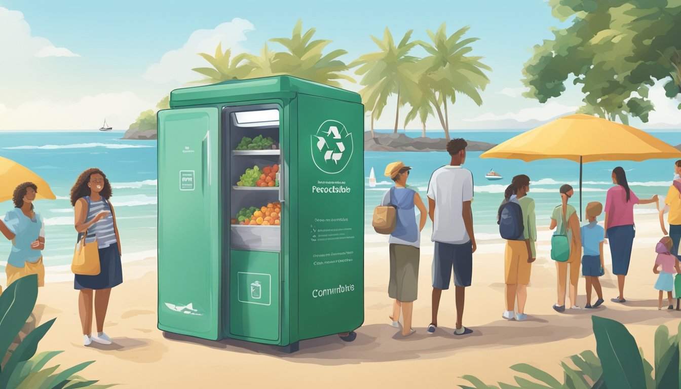 A community fridge surrounded by people in a beach setting, with recycling bins and sustainable transportation in the background