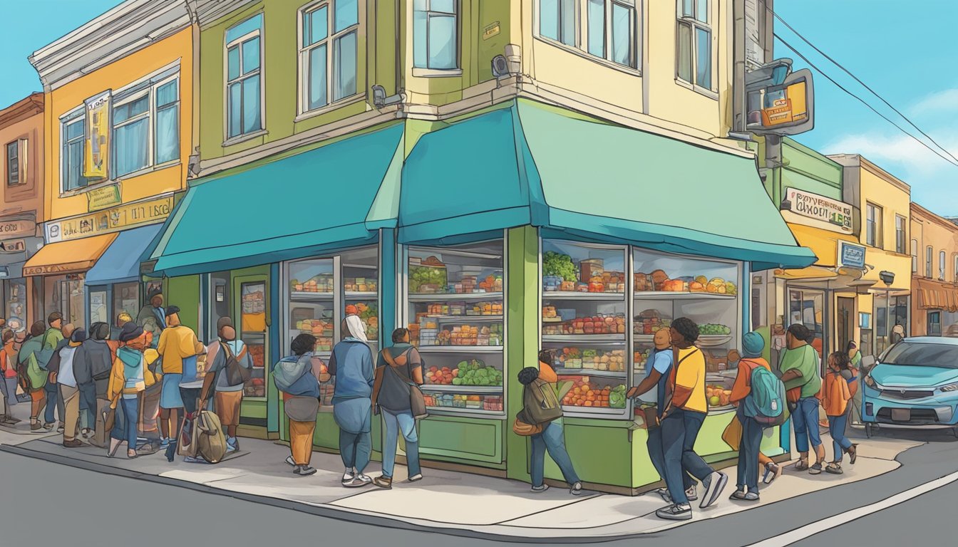 A bustling street corner in Richmond, CA features a colorful community fridge with people coming and going, donating and taking food items