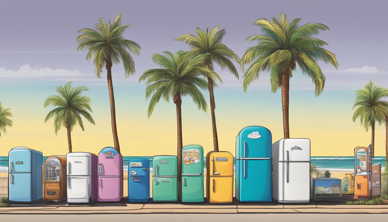 A colorful community fridge stands against a backdrop of palm trees and beachfront buildings in Long Beach, CA