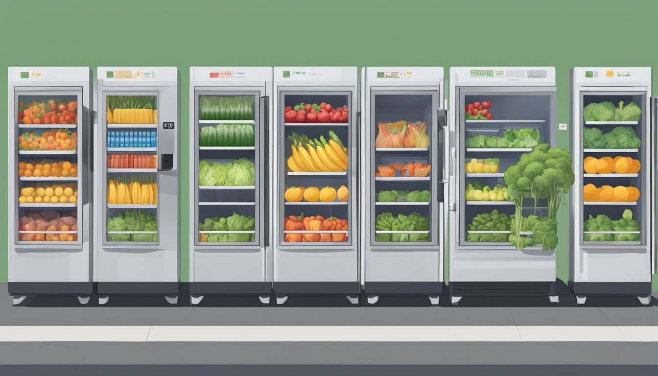 A row of colorful community fridges filled with fresh produce and labeled with location names in Richmond, CA