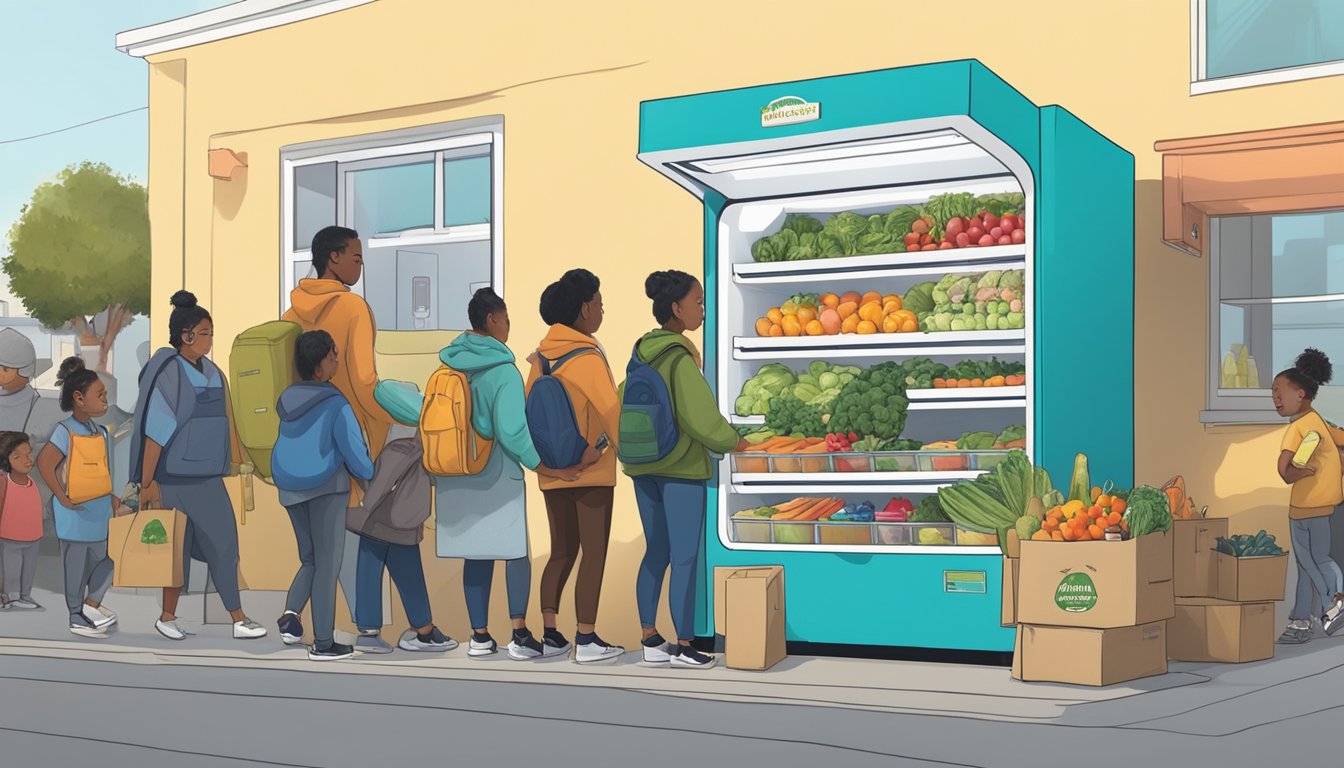 A community fridge in Richmond, CA stocked with fresh produce and food items, surrounded by local residents making donations and taking what they need