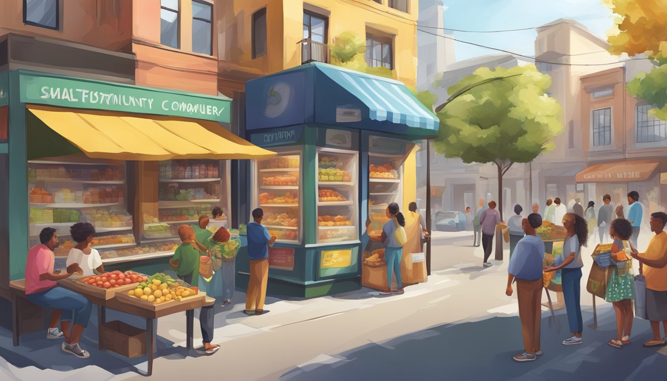 A busy street corner with a colorful community fridge surrounded by people exchanging food and goods