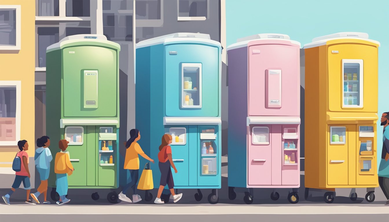 A row of colorful community fridges lined up on a sunny street, with people coming and going to drop off and pick up food