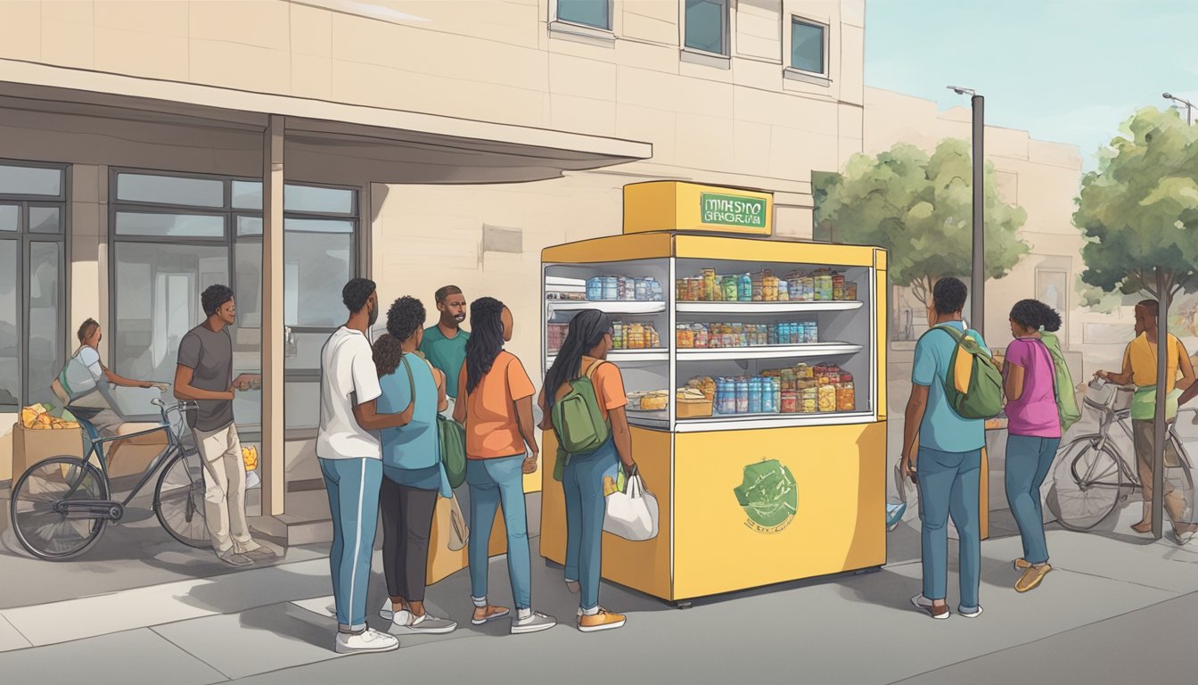 A community fridge surrounded by people donating and taking food in Modesto, CA