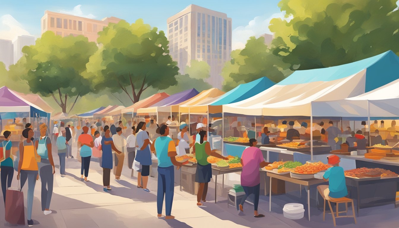 A bustling outdoor food festival with diverse vendors, colorful tents, and a variety of dishes being prepared and served. The aroma of different cuisines fills the air as people gather to sample Houston's culinary delights