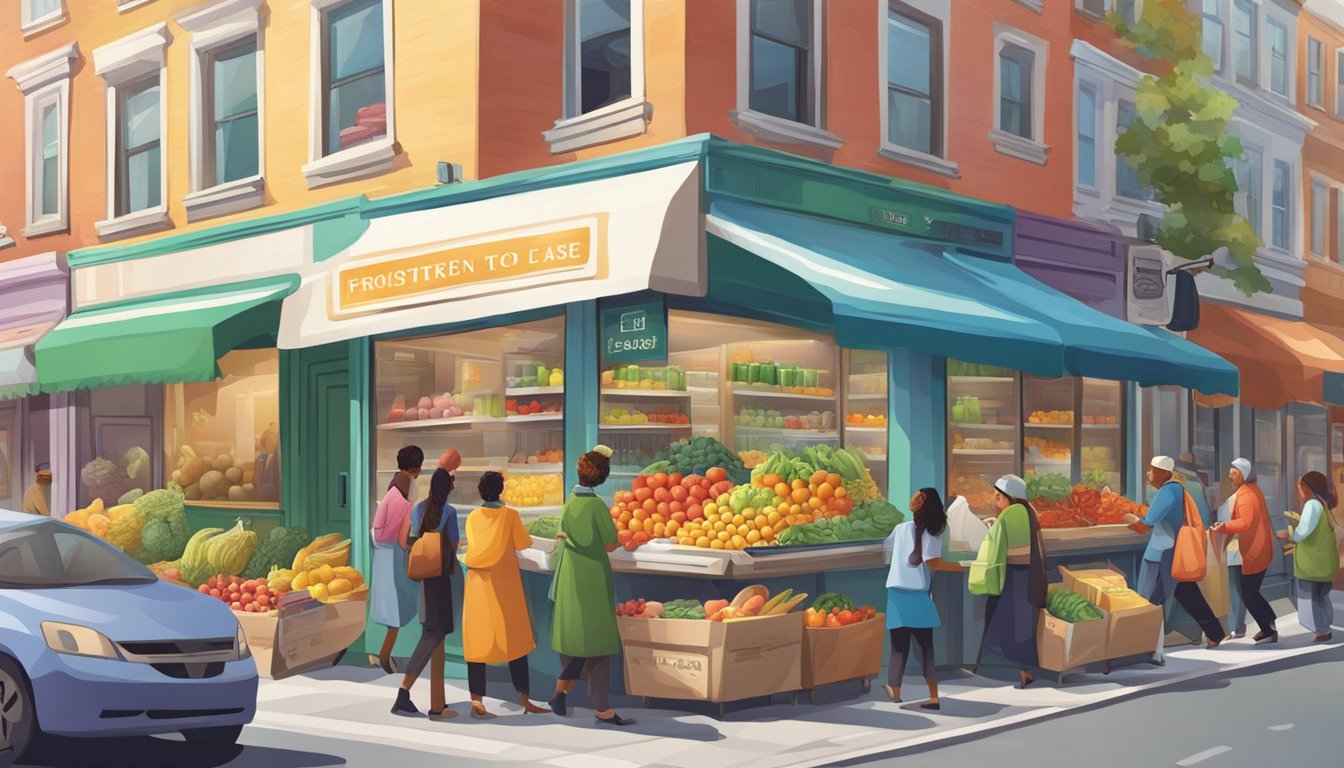 A bustling street corner with a colorful, decorated fridge filled with fresh produce and packaged goods, surrounded by a diverse group of people exchanging items