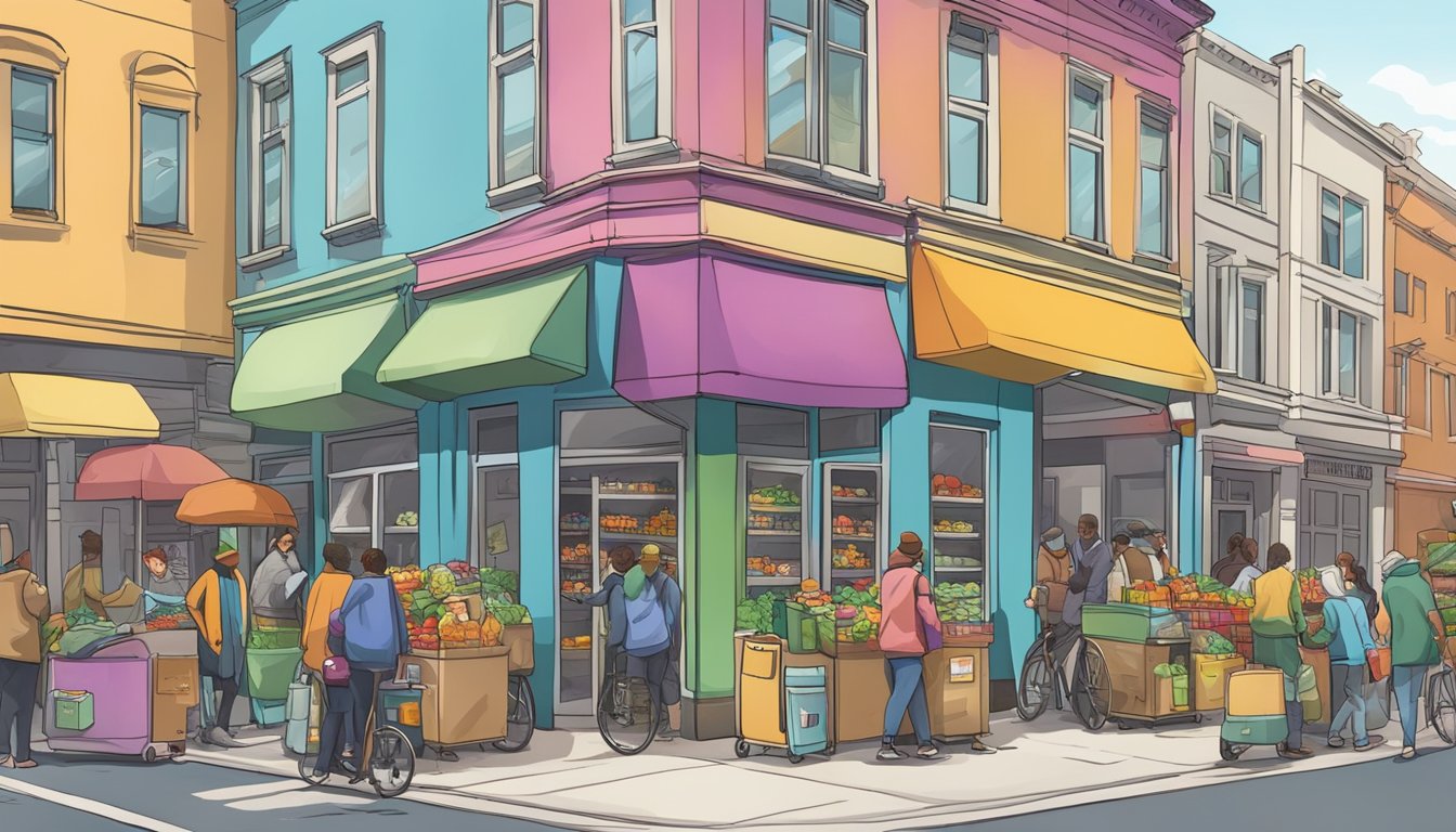 A bustling street corner with a colorful community fridge surrounded by people dropping off and picking up food items