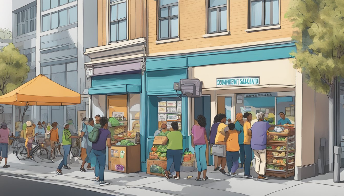 A bustling street corner with a colorful community fridge surrounded by people donating and taking food. Nearby, a sign with "Movement Sacramento Local Community Fridge Guide" catches the eye