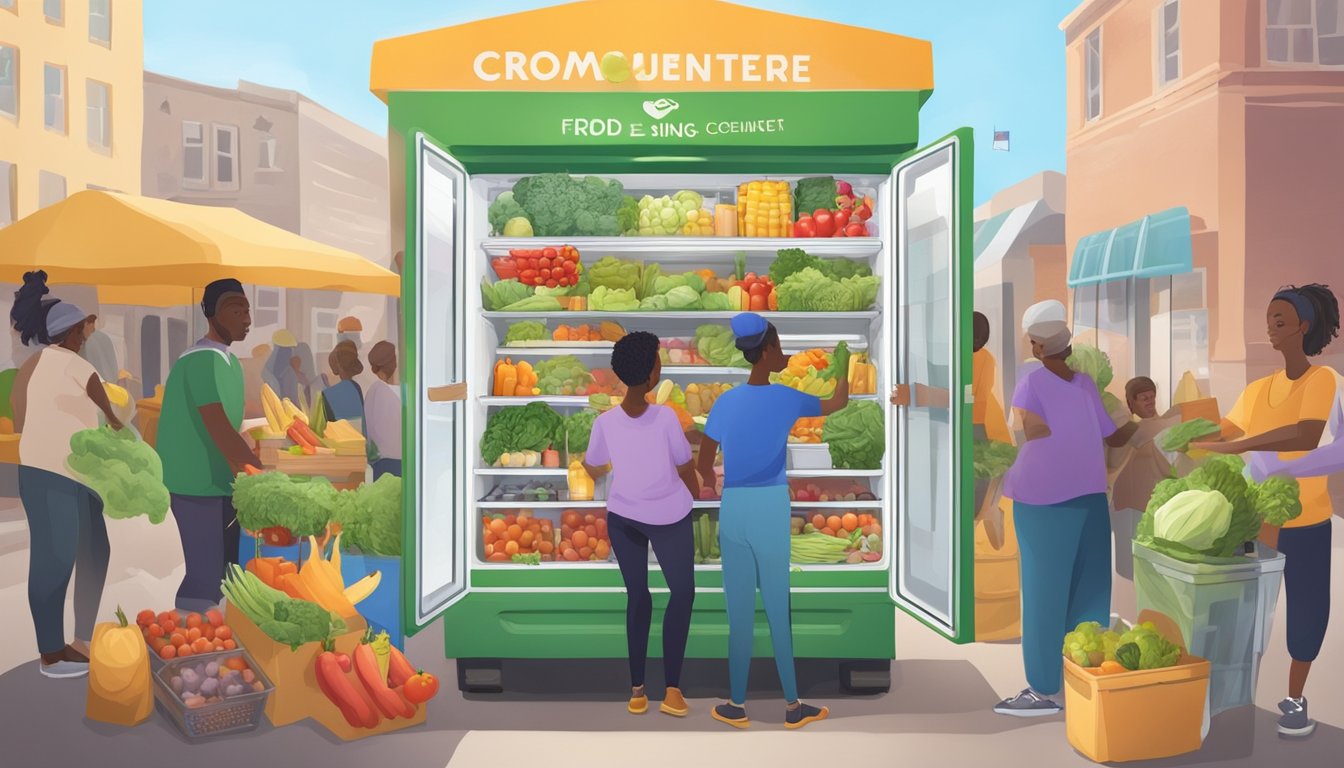 A colorful local community fridge filled with fresh produce and food items, surrounded by volunteers and community members offering support and maintenance