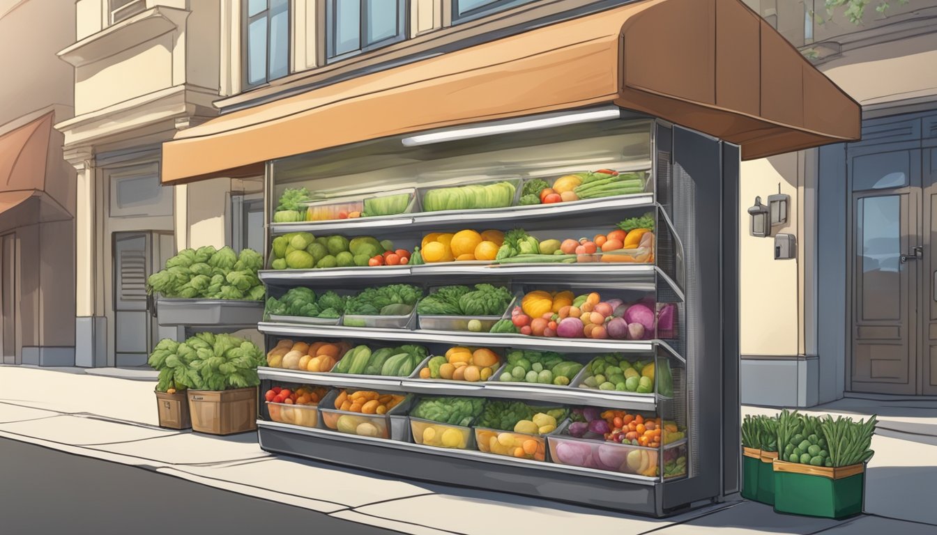 A small local community fridge filled with fresh produce and canned goods, located on a bustling street in Modesto, CA