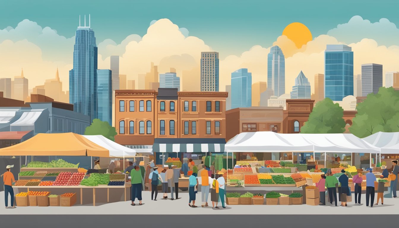 A bustling farmer's market with local vendors selling fresh produce and artisanal goods, set against the backdrop of the Denver skyline