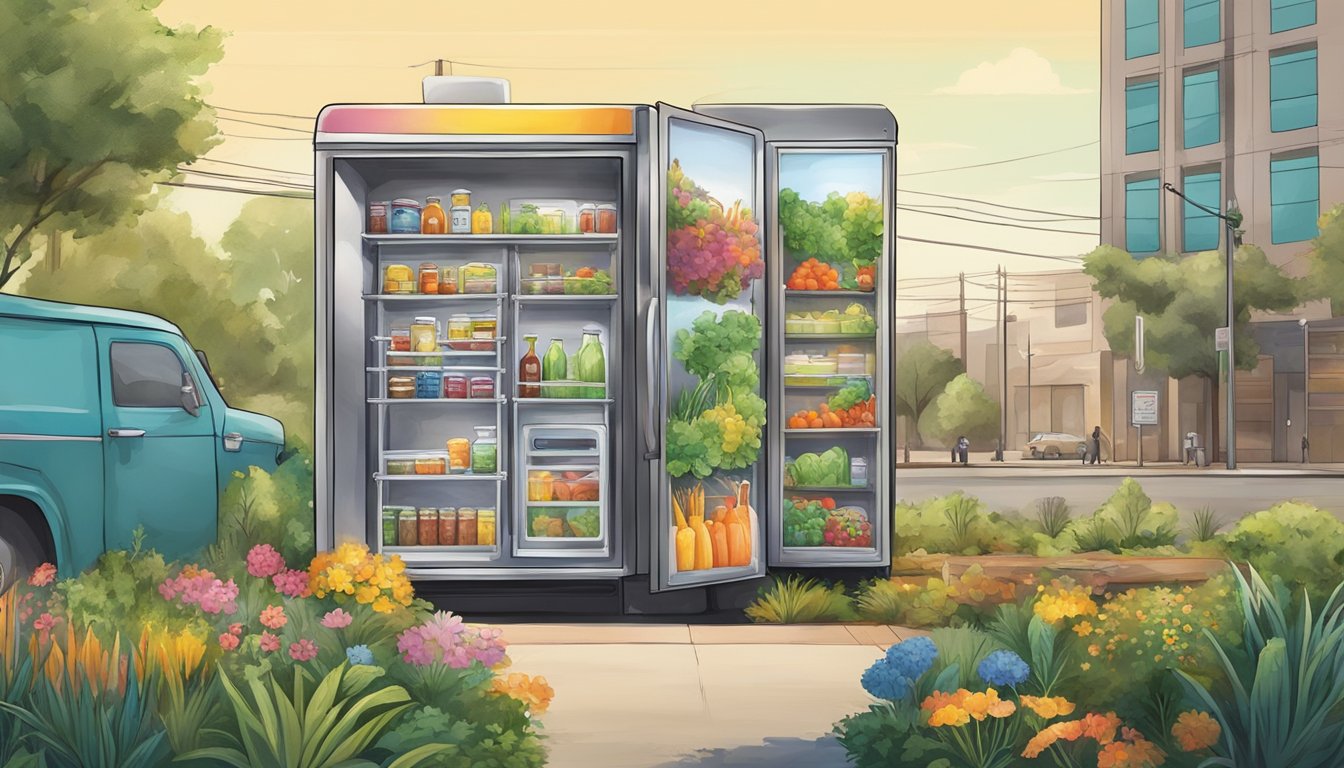 A colorful local community fridge surrounded by diverse buildings and greenery in Sacramento, CA