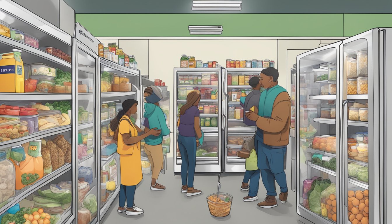 A bustling community fridge in Sacramento, CA, filled with neatly organized and labeled food items, surrounded by a diverse group of people making donations