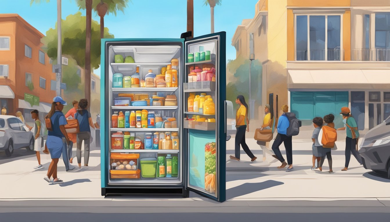 A colorful community fridge stands on a busy street in Santa Ana, California, surrounded by diverse buildings and people passing by