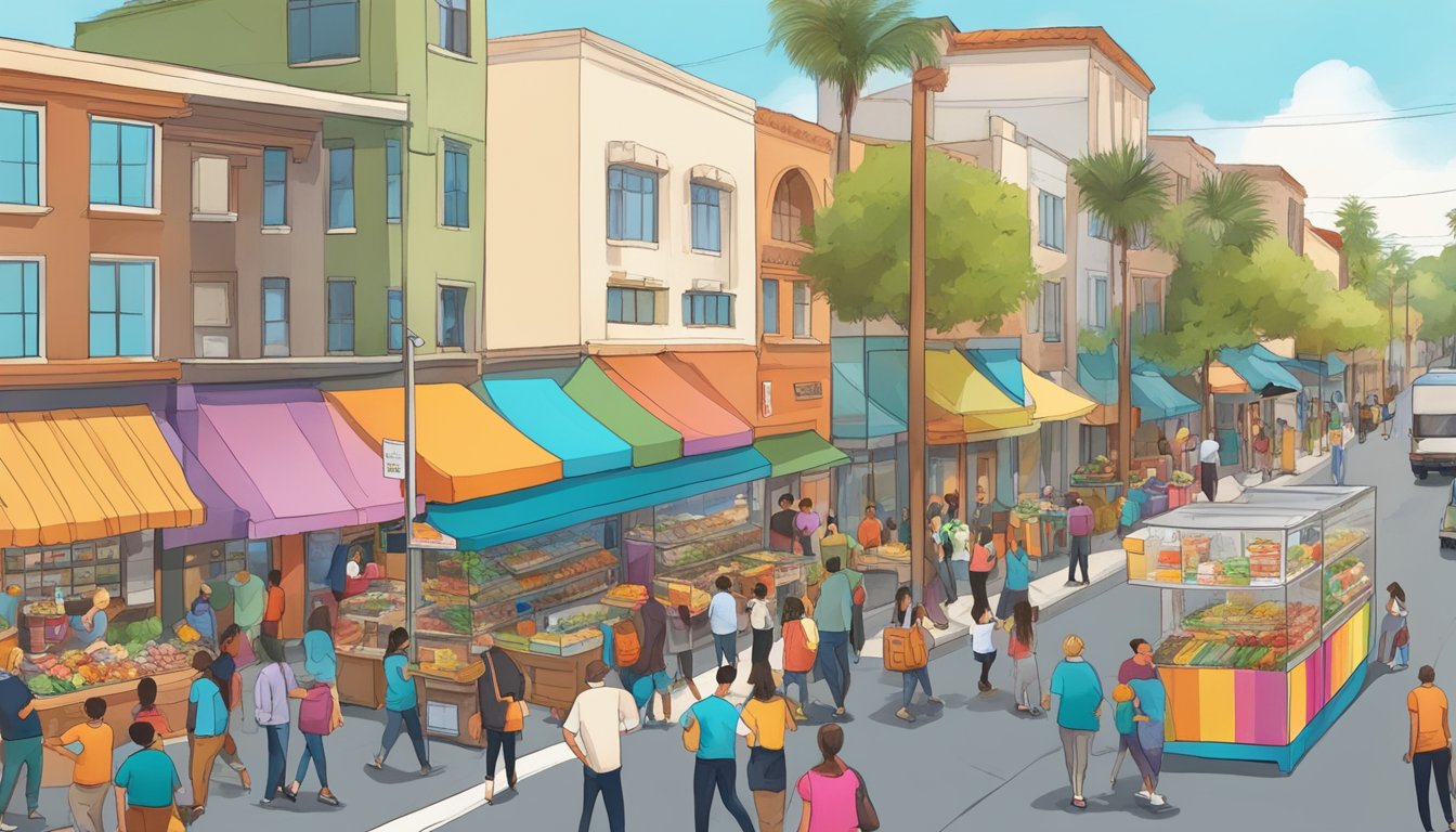 A bustling street in Santa Ana, California, with colorful community fridges filled with food items and people coming to donate or collect food