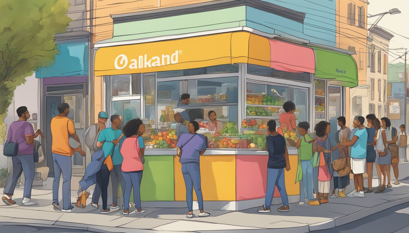 A bustling street corner in Oakland, CA, with a colorful, well-stocked community fridge surrounded by diverse individuals exchanging food and goods