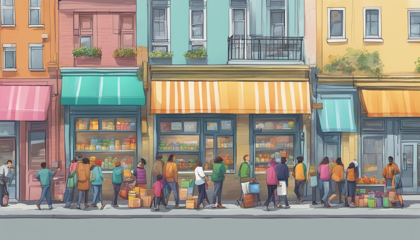 A bustling street corner with colorful community fridges stocked with food and surrounded by people dropping off donations