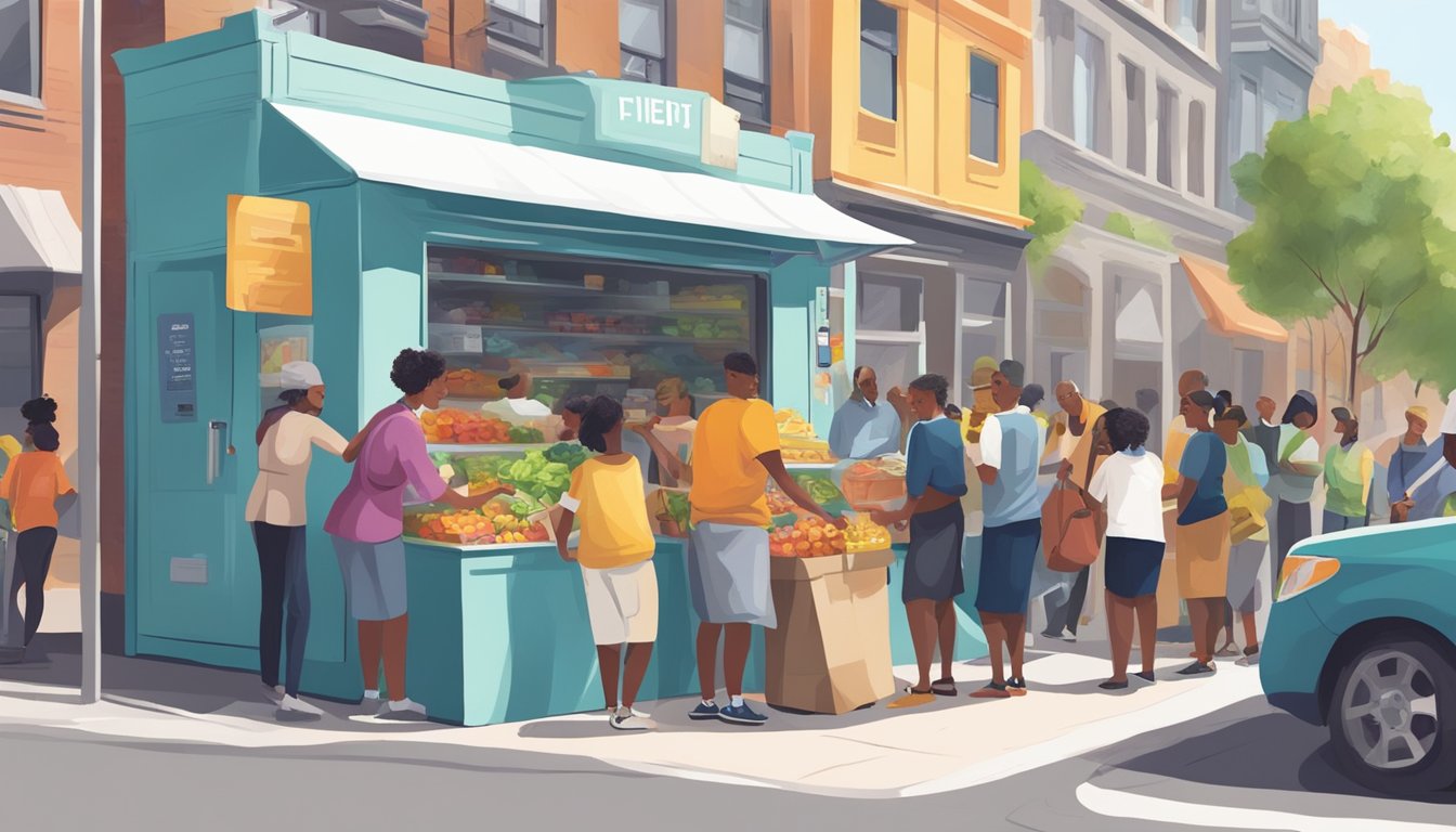 A bustling street corner with a colorful community fridge surrounded by diverse people donating and taking food