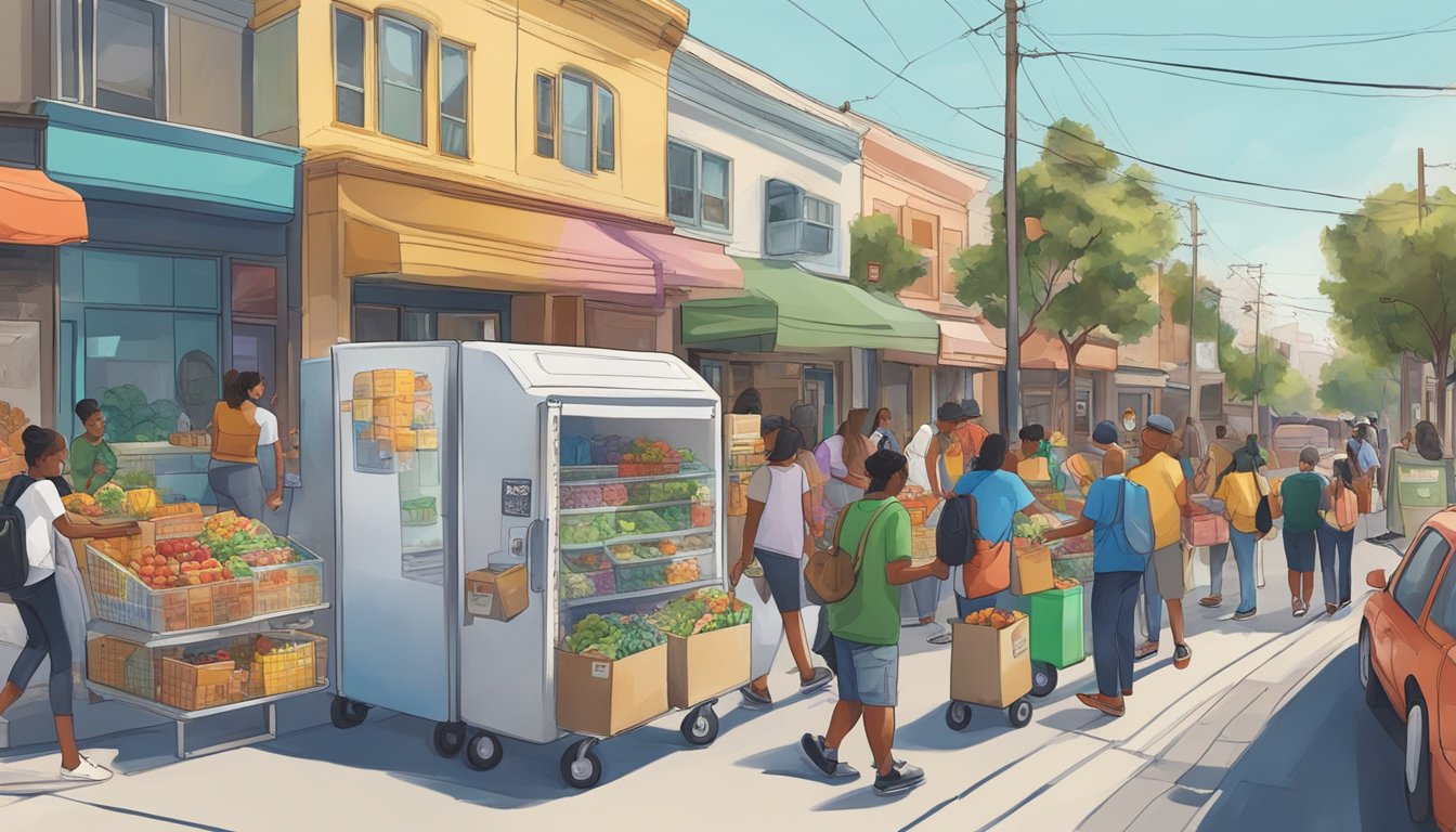 A bustling street in Santa Ana, CA, with a colorful community fridge surrounded by locals dropping off and picking up food donations