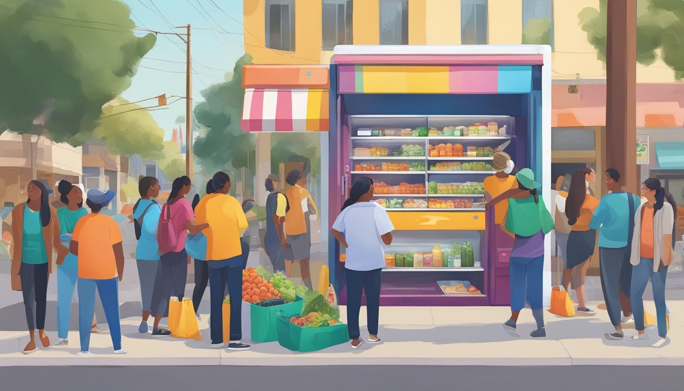 A bustling street in Santa Ana, CA, with a colorful local community fridge surrounded by people donating and taking food