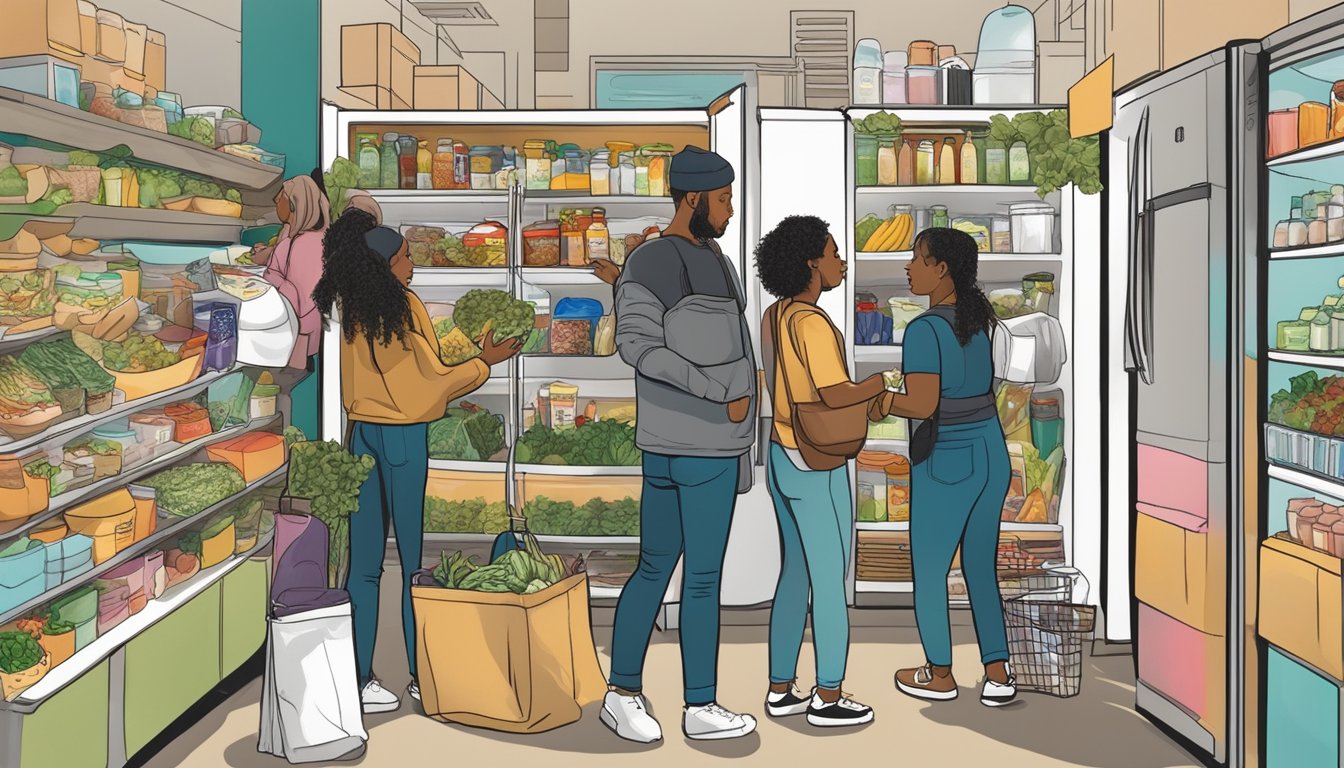 A community fridge in Oakland, CA filled with various food items, surrounded by a diverse group of people accessing and contributing to it