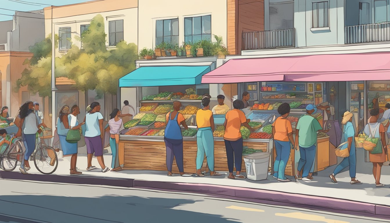 A bustling street in Santa Ana, CA, with a colorful community fridge surrounded by people exchanging food and goods