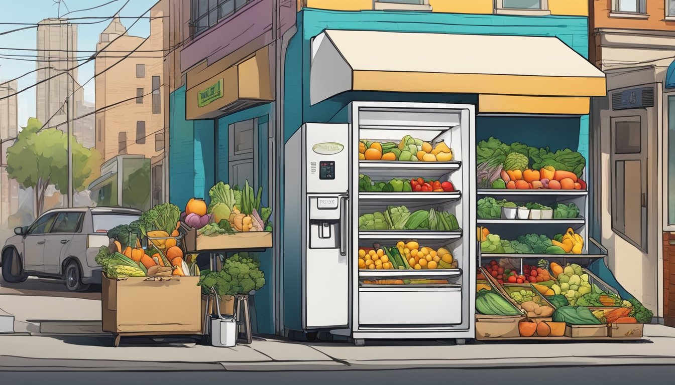 A colorful community fridge filled with a diverse array of fresh produce and packaged goods, surrounded by a bustling urban neighborhood in Oakland, CA