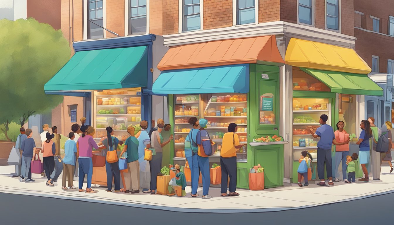 A bustling street corner with a colorful, well-stocked community fridge surrounded by diverse individuals contributing and taking food items