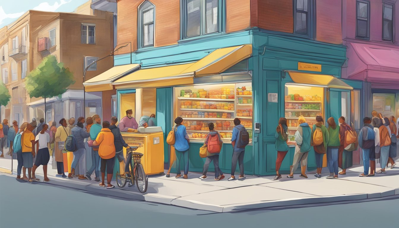 A bustling street corner with a brightly painted community fridge surrounded by people donating and taking food