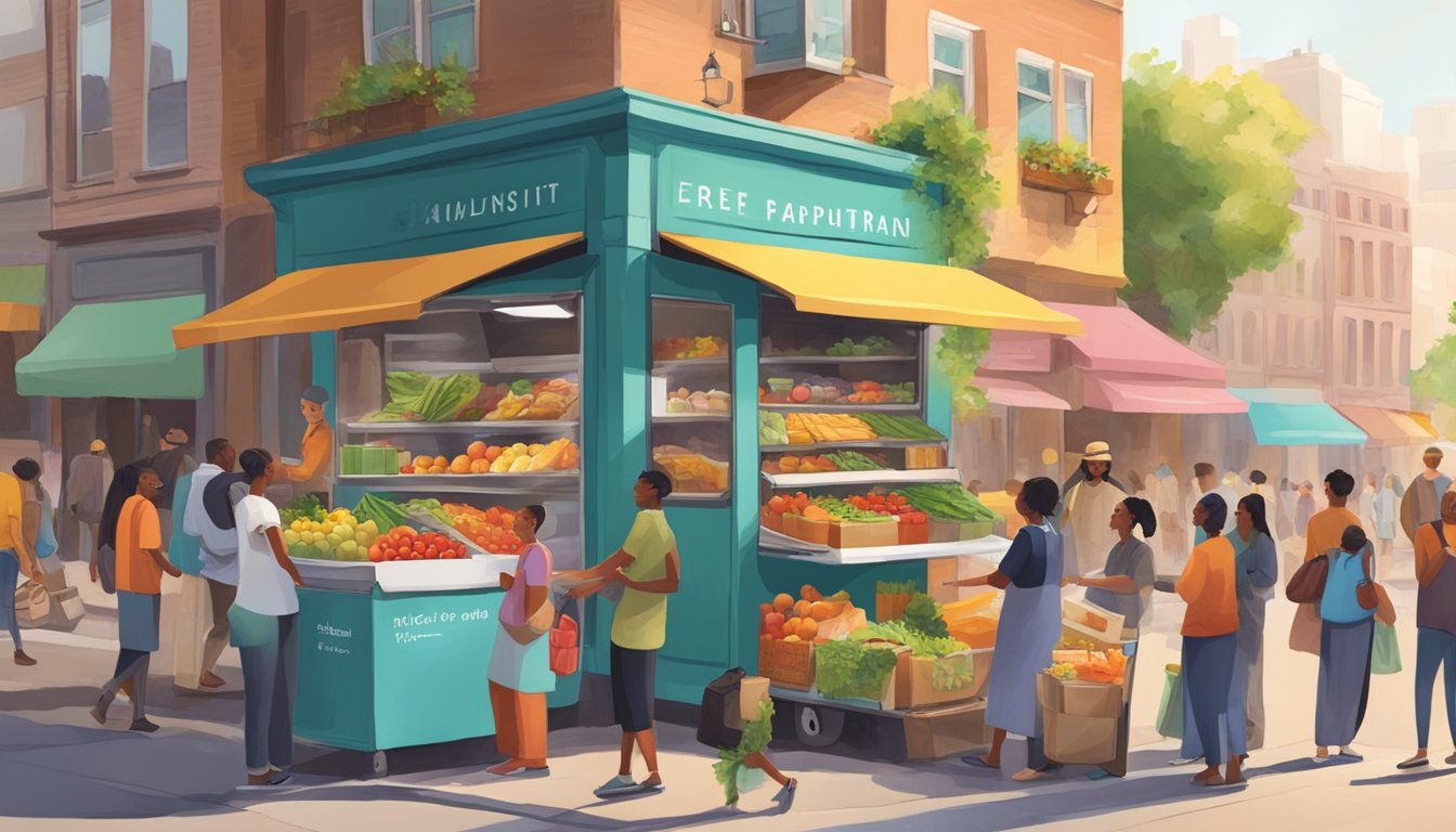 A bustling street corner with a colorful community fridge filled with fresh produce and food items, surrounded by smiling locals exchanging goods