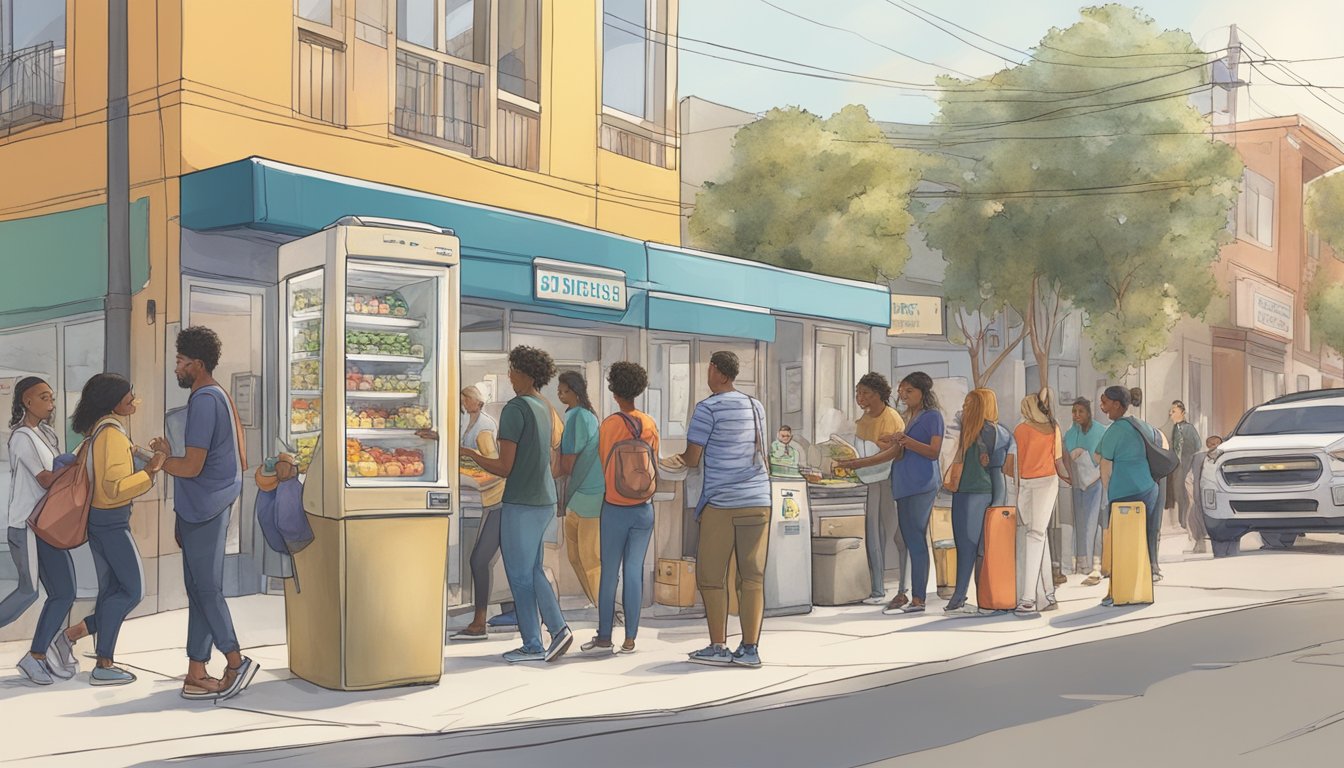 A bustling San Diego street scene with diverse individuals interacting around a community fridge, exchanging food and building connections