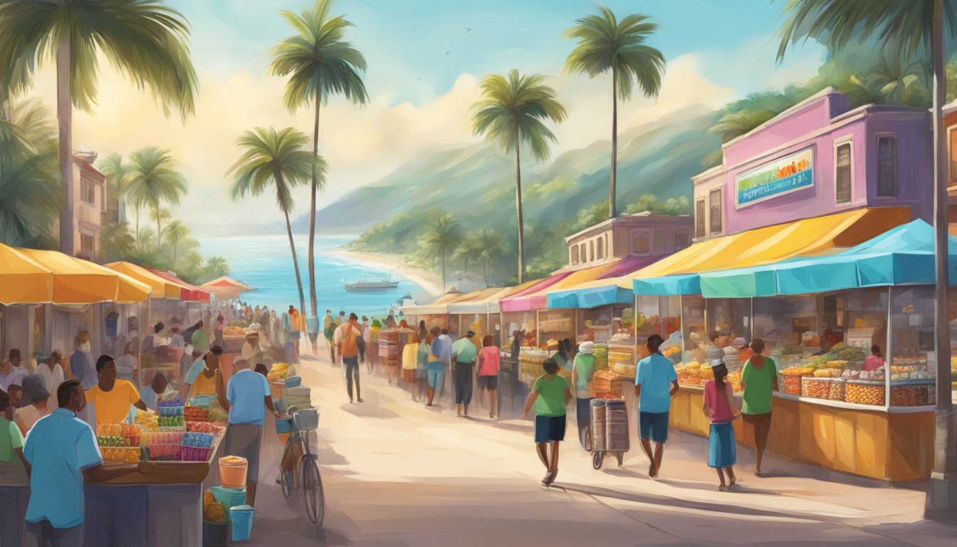 A bustling street lined with colorful food and drink vendors, surrounded by palm trees and the sparkling ocean in the background