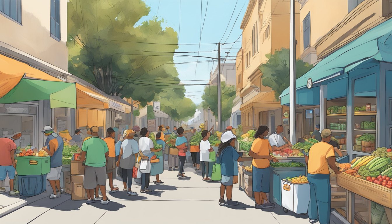 A bustling street in Santa Ana, CA, with a community fridge being stocked with fresh produce and food items by local volunteers