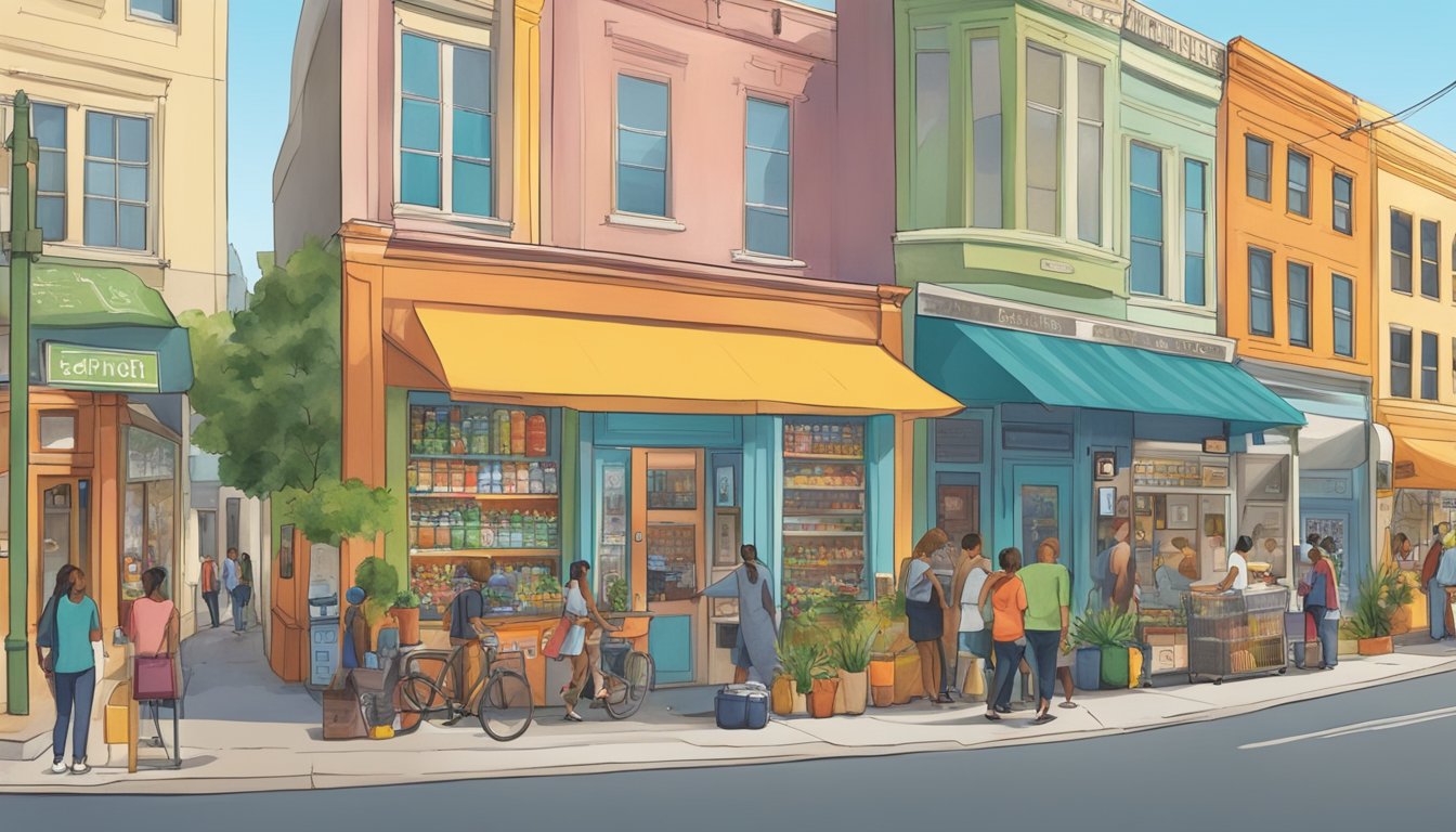 A bustling San Diego street with a colorful community fridge surrounded by diverse local shops and people engaged in sustainable practices