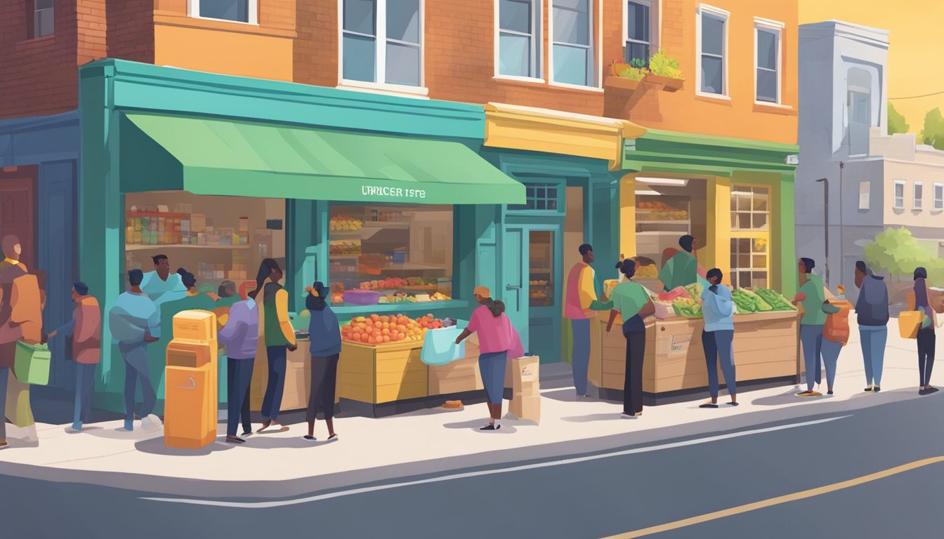 A bustling street corner with a colorful community fridge surrounded by diverse locals accessing and donating food items