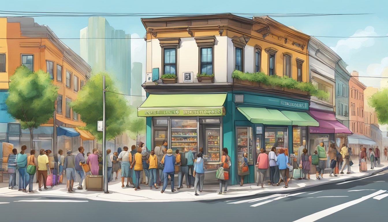 A bustling street corner with a colorful, well-stocked community fridge surrounded by people coming and going