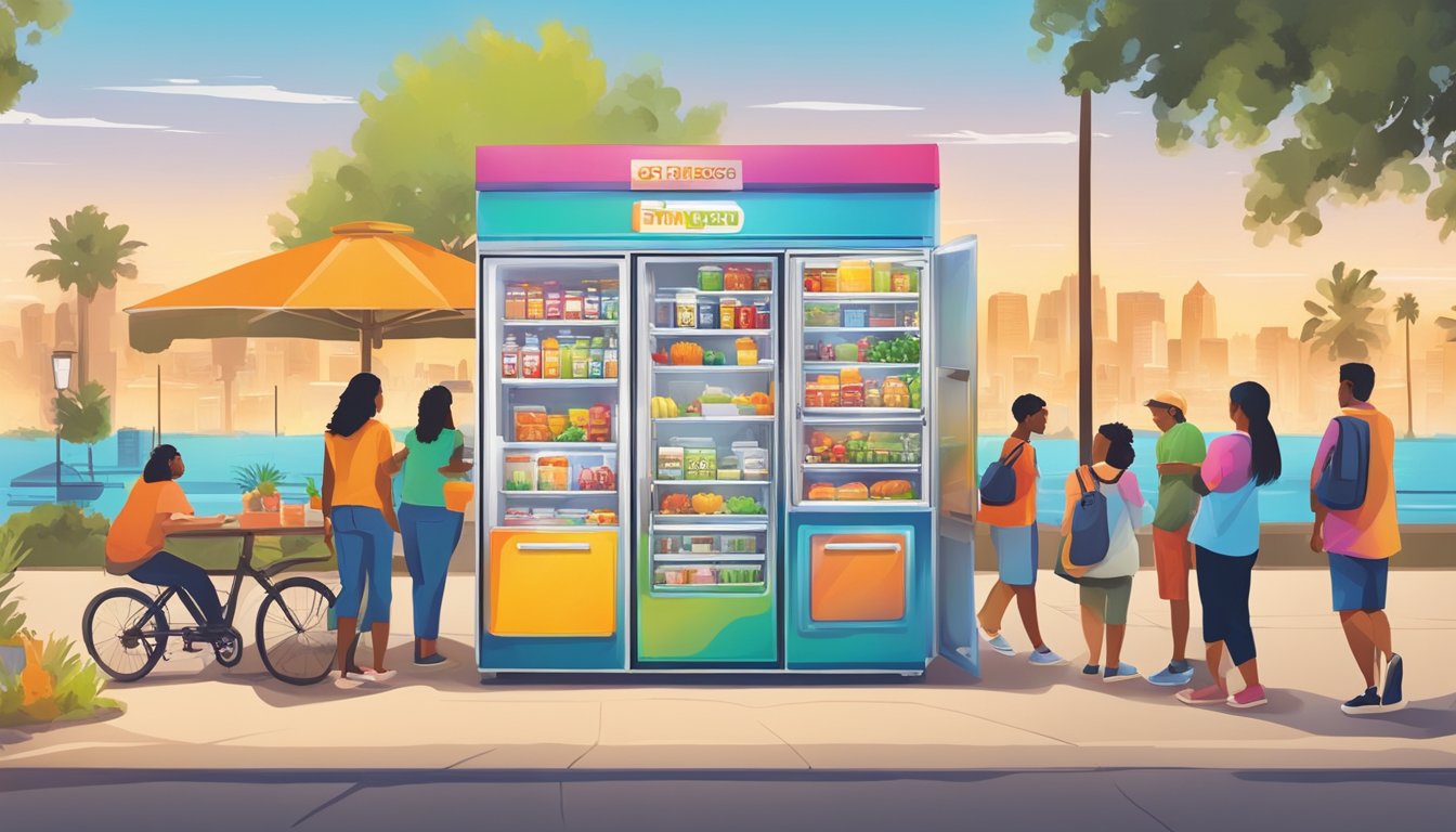 A colorful local community fridge surrounded by vibrant San Diego scenery, with people interacting and exchanging food items