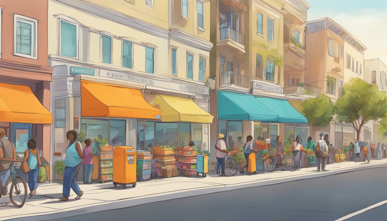 A bustling street in Orange, CA, with colorful community fridges lining the sidewalk, people stopping to donate or grab food