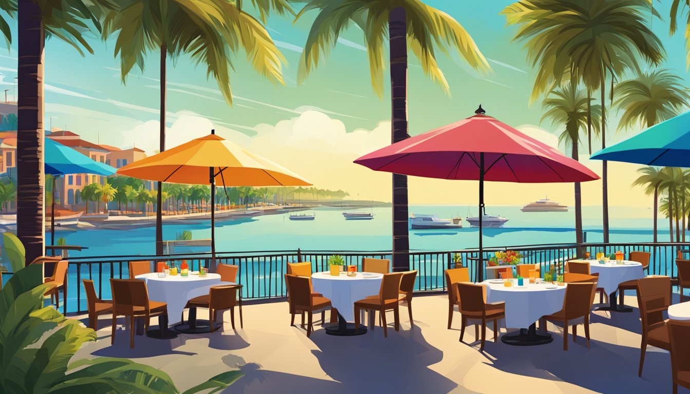 Vibrant outdoor dining scene with colorful umbrellas, palm trees, and waterfront view. A mix of modern and traditional architecture adds to the lively atmosphere