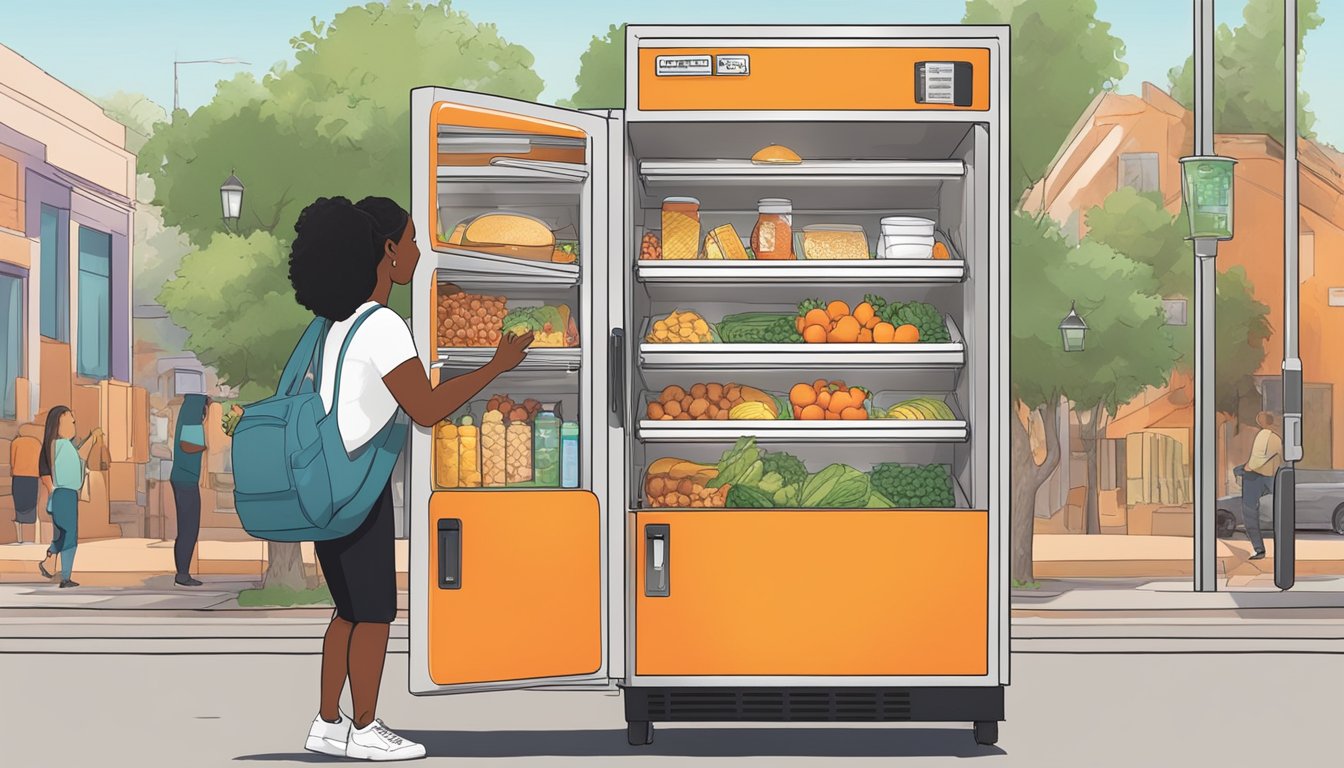 A person placing food inside a brightly colored community fridge in Orange, CA