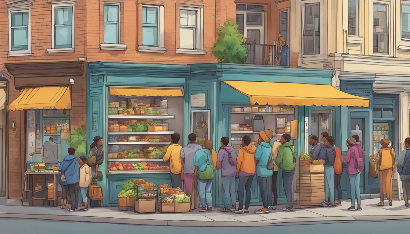 A bustling street corner with a colorful, well-stocked community fridge surrounded by people exchanging food and goods