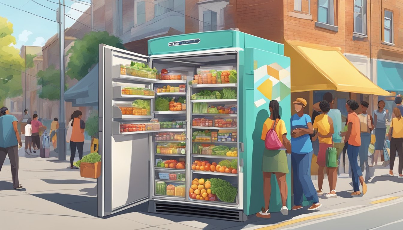 A colorful community fridge nestled among a bustling street, filled with fresh produce and packaged goods, surrounded by diverse individuals accessing its contents