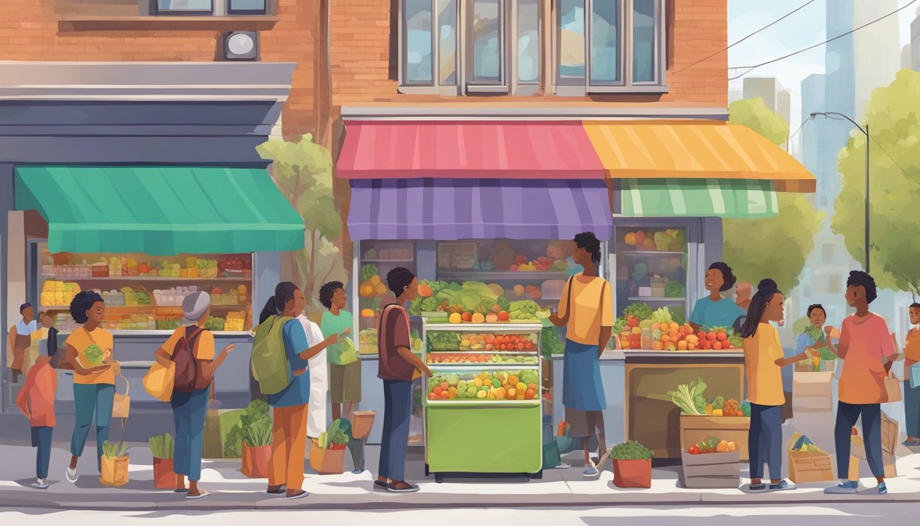 A bustling street corner with a colorful community fridge adorned with fruits, vegetables, and other food items. People of diverse backgrounds gather around, exchanging items and chatting