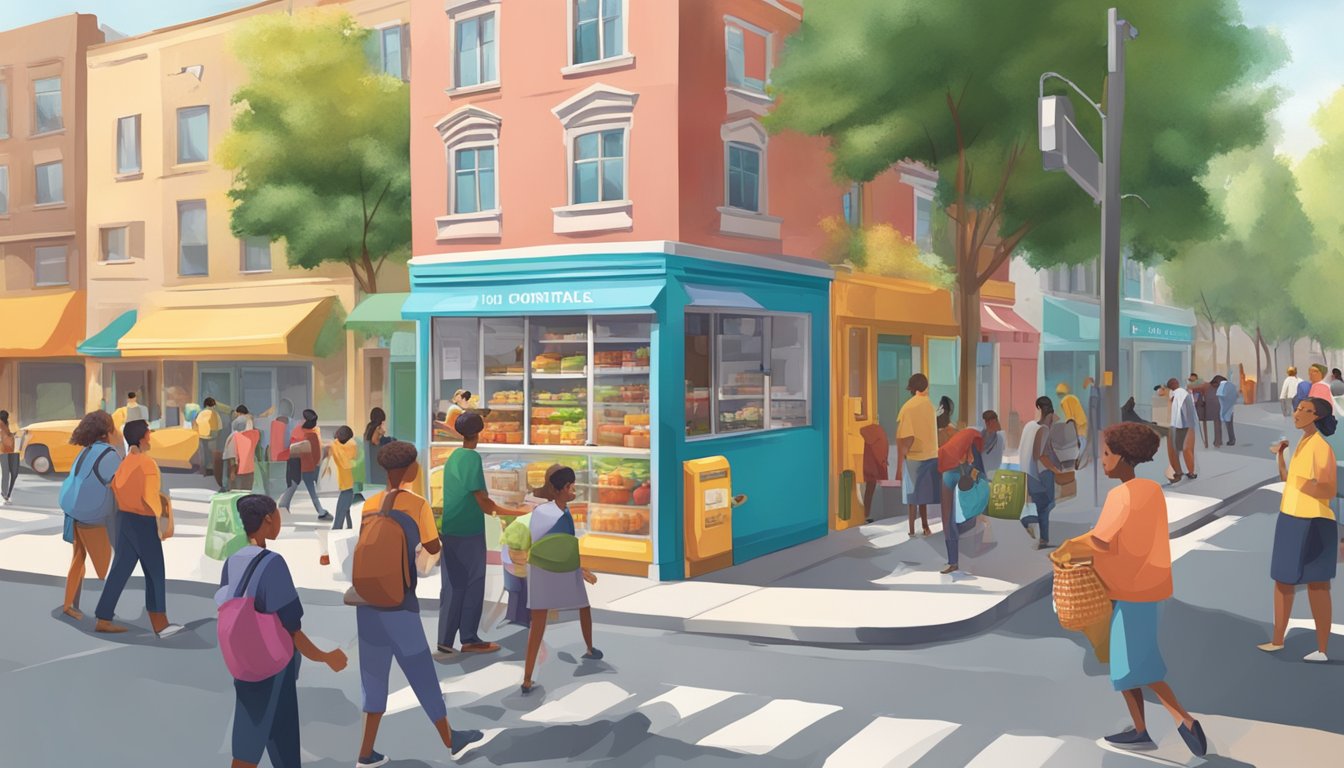 A bustling street corner with a colorful community fridge surrounded by people donating and taking food