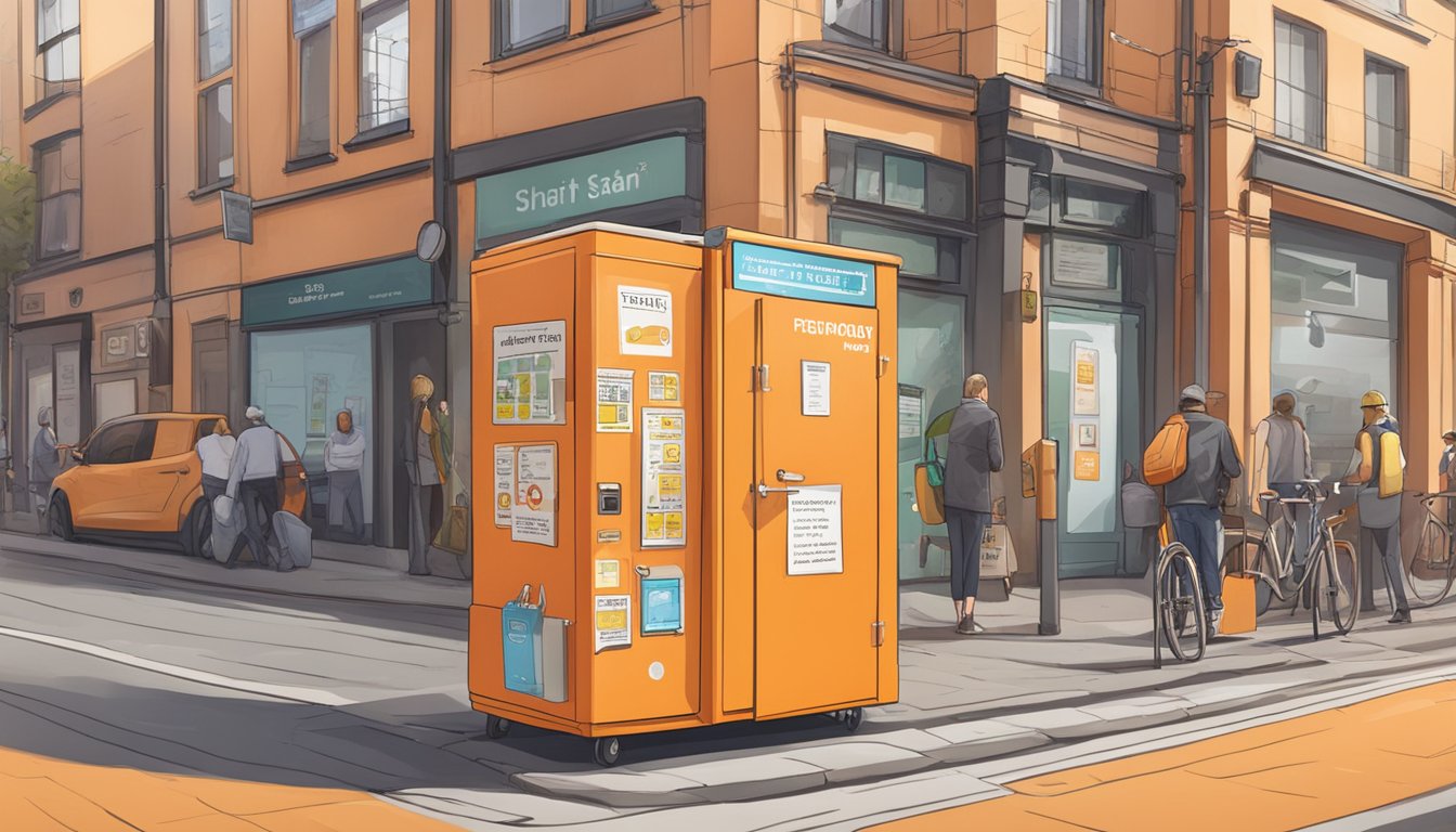 A bright orange community fridge stands in a busy local area, surrounded by health and safety regulation signs