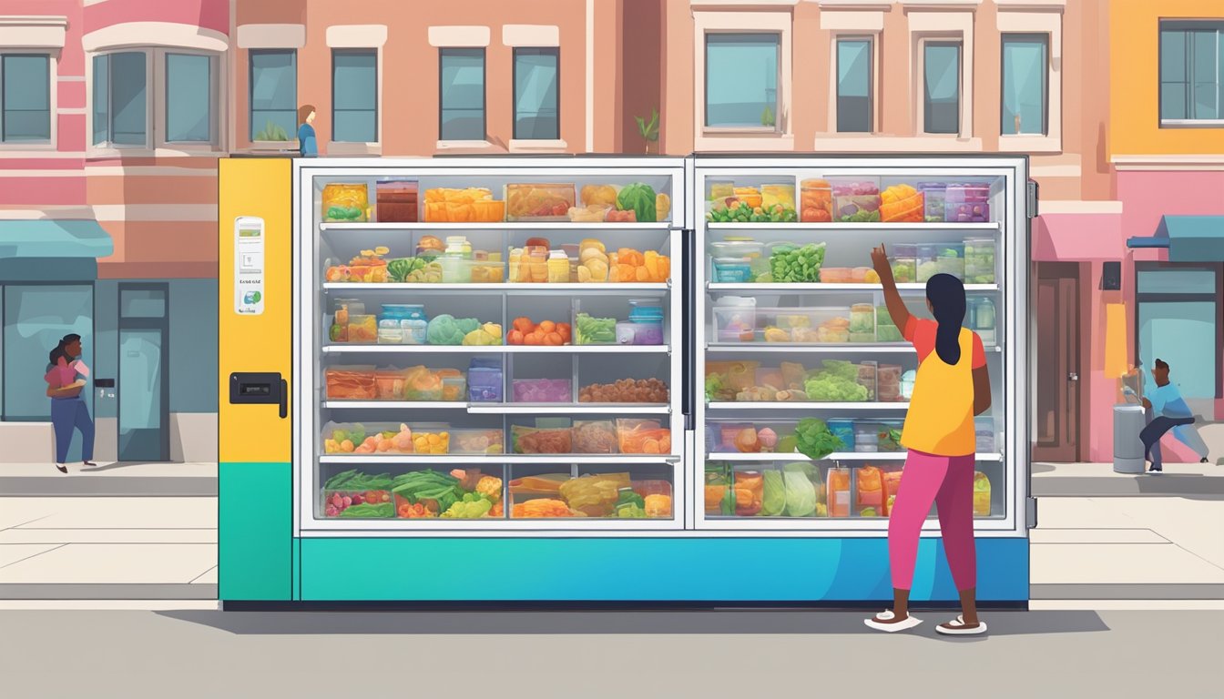 A person placing food items inside a brightly colored community fridge located in a public area, with a sign indicating it is available for anyone in need