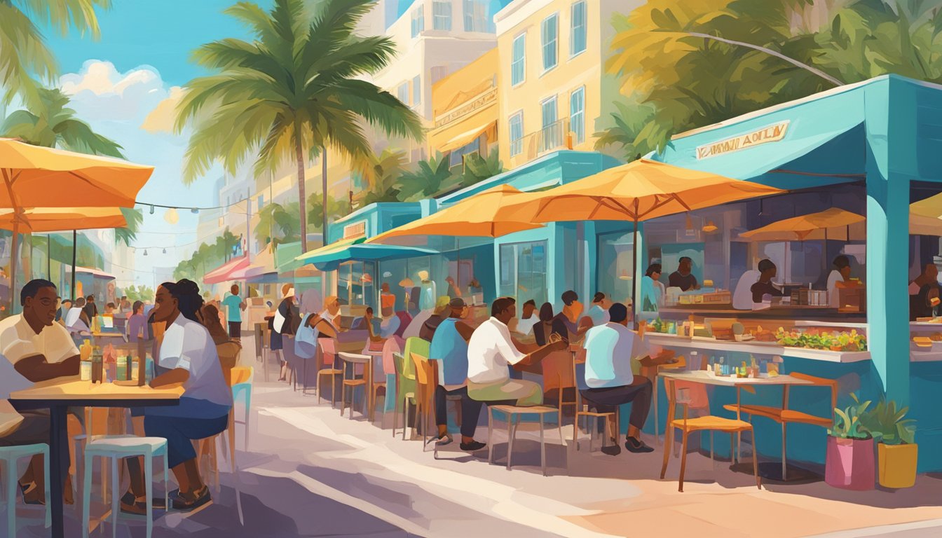 A bustling Miami street lined with diverse restaurants and food trucks, showcasing vibrant colors and enticing aromas. Patrons enjoy outdoor dining while live music fills the air