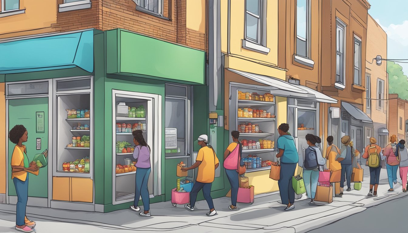 A bustling street corner with a colorful, well-stocked community fridge surrounded by people dropping off and picking up food donations