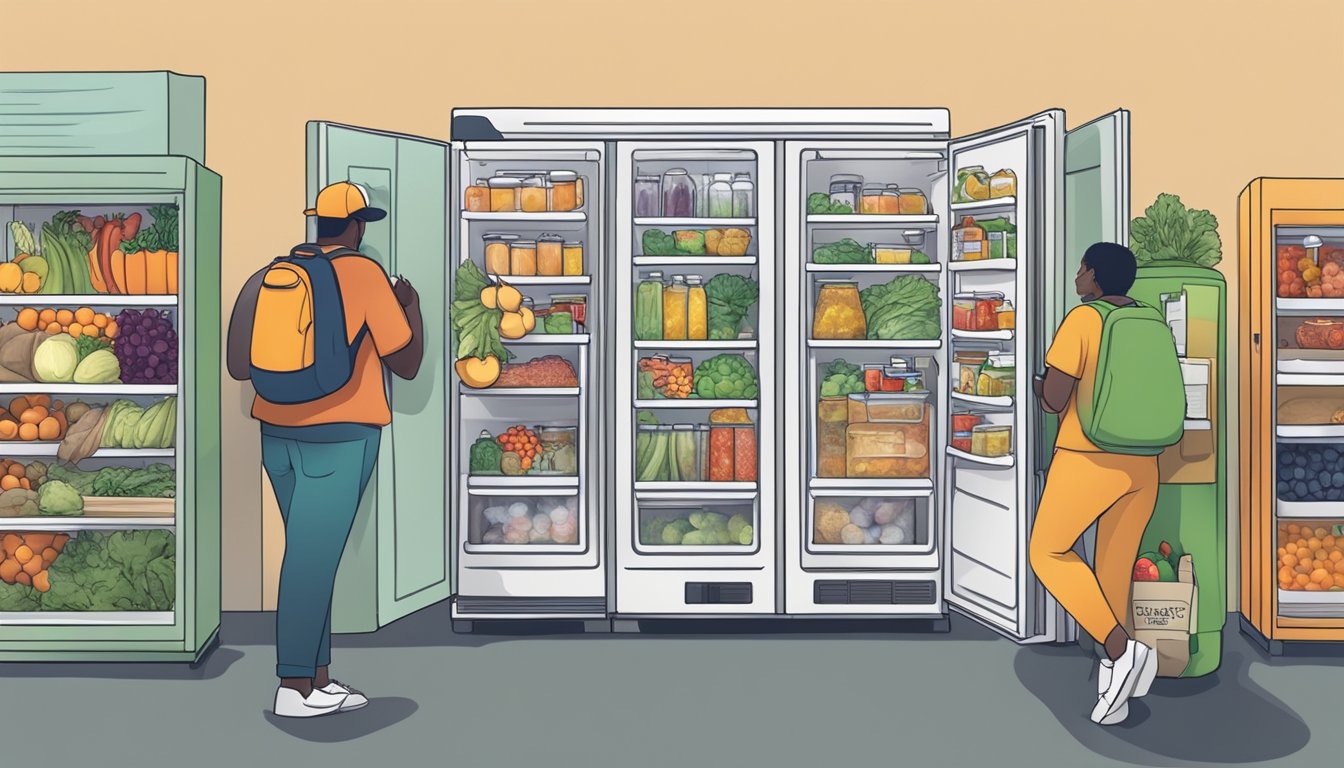 A community fridge overflows with fresh produce and non-perishable items, surrounded by a diverse group of people accessing its resources