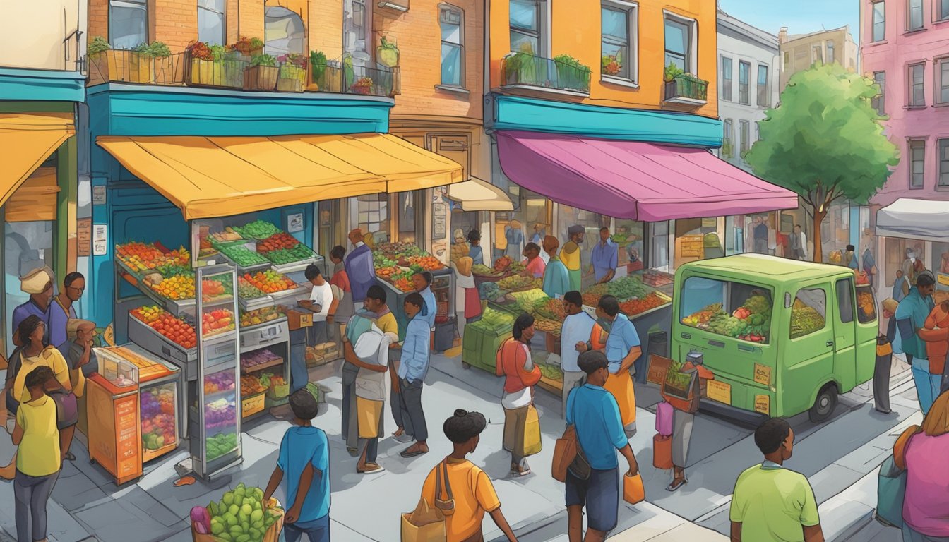 A bustling street corner with a colorful, graffiti-covered fridge filled with fresh produce and packaged goods, surrounded by a diverse group of people exchanging items